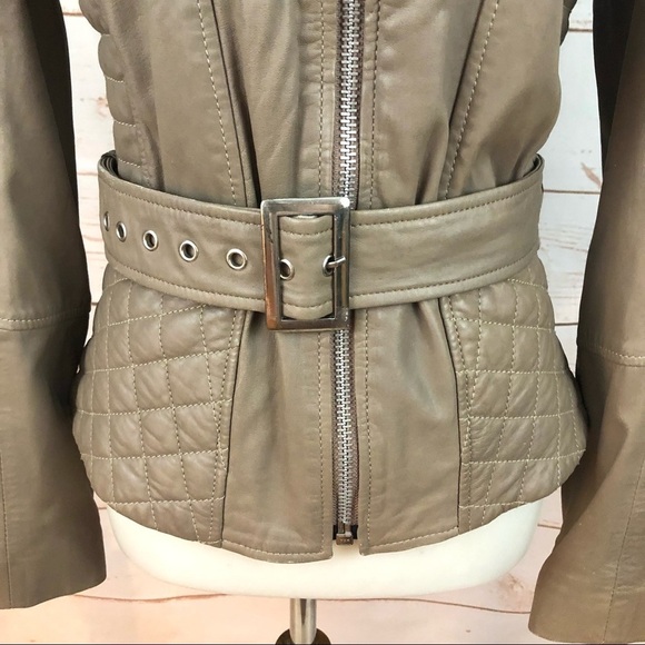 Vintage Cache Taupe Quilted Genuine Leather Beige Belted Moto Jacket - Picture 2 of 11